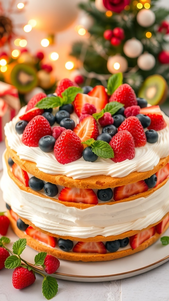 A festive Korean Christmas cake with layers of cream and fruits, garnished with mint leaves, on a decorated holiday table.